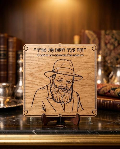 תמונה של רבי מילובביץ' חרוטה על עץ